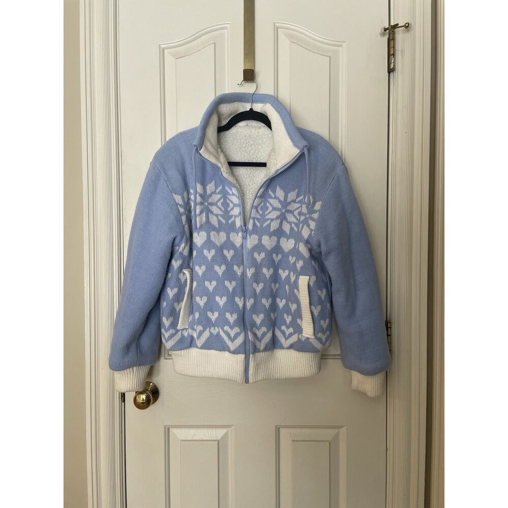 Vintage Fair Isle Heart Sherpa Lined Knit Sweater Bomber jacket Size L